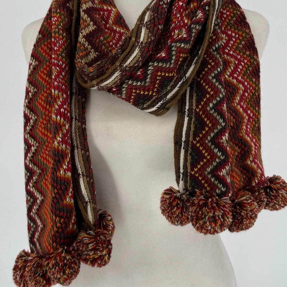 Cato Women's Cozy‎ Knit Scarf Chevron Pattern Pom Pom Tassels One Size